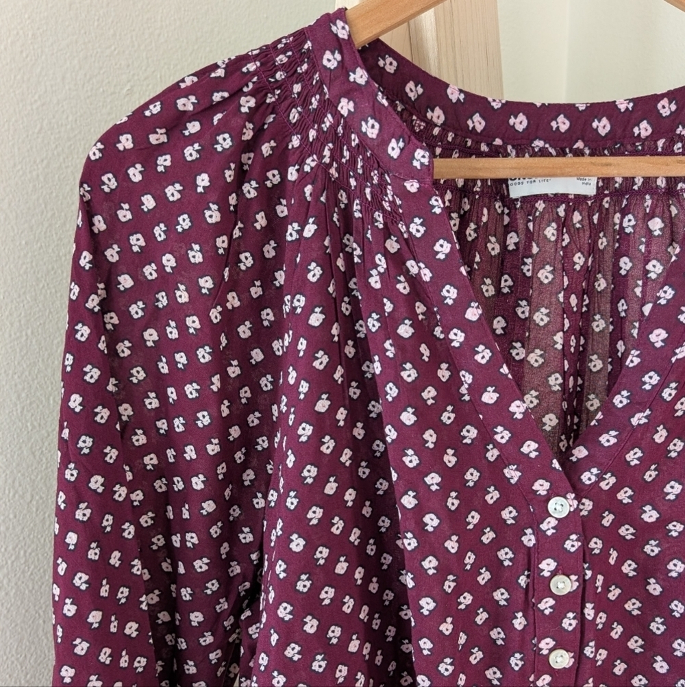 Floral Smocked Wrist Henley with 1/4 Button Down Closure In Plum - Picture 3 of 8